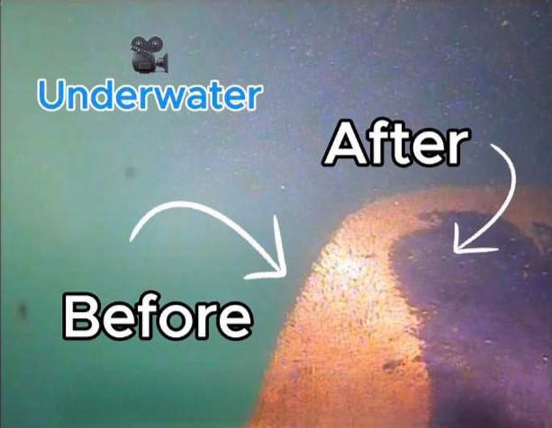 Underwater before and after comparison — hull fouling removed by robotic cleaner