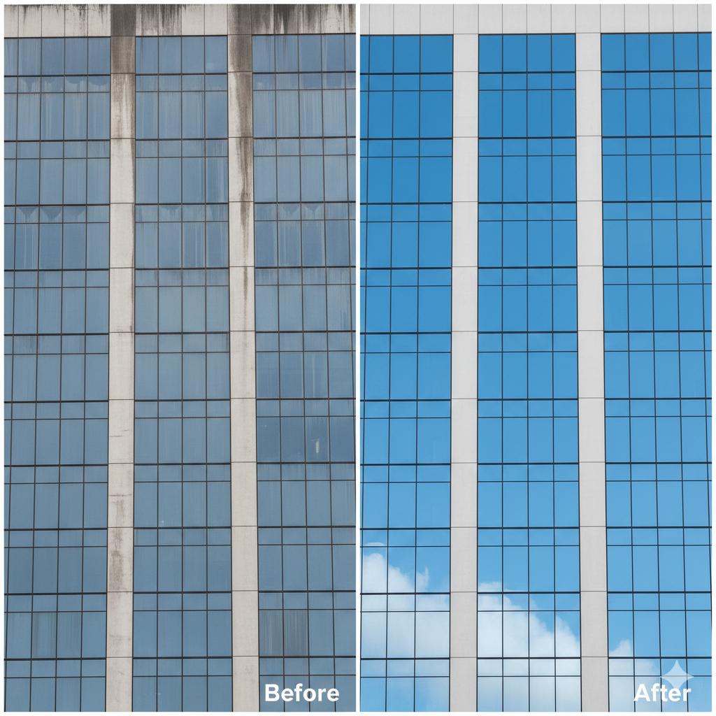 Before and after building cleaning showing dramatic results