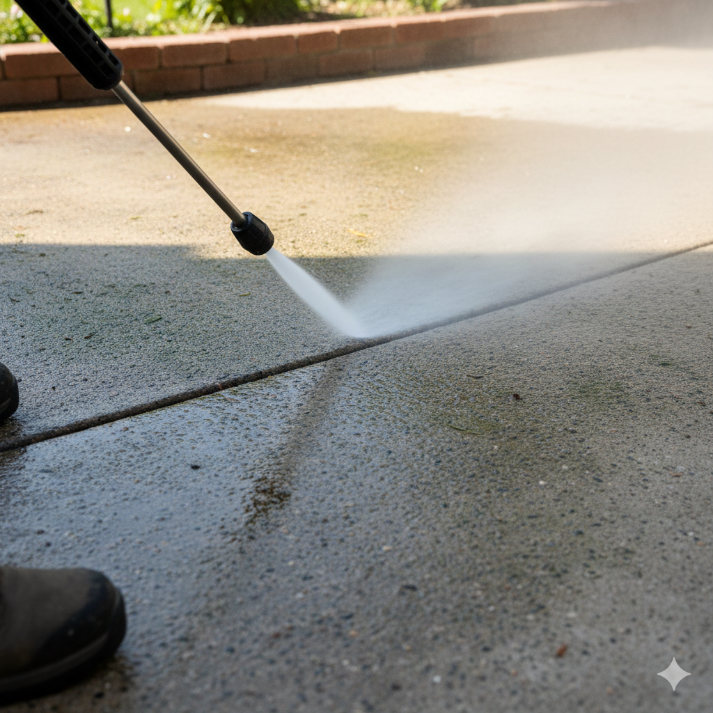 Industrial pressure washer cleaning an outdoor floor
